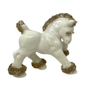 Vintage Ceramic Spaghetti Horse Figurine | 50s MCM Mid Century Gold White Japan